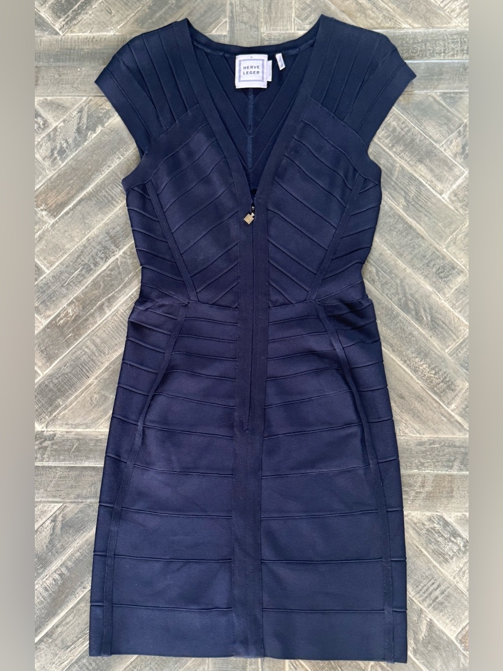 Herve Leger Pacific Blue V Neck Front Zip Bandage Dress Cap Sleeve | Size M